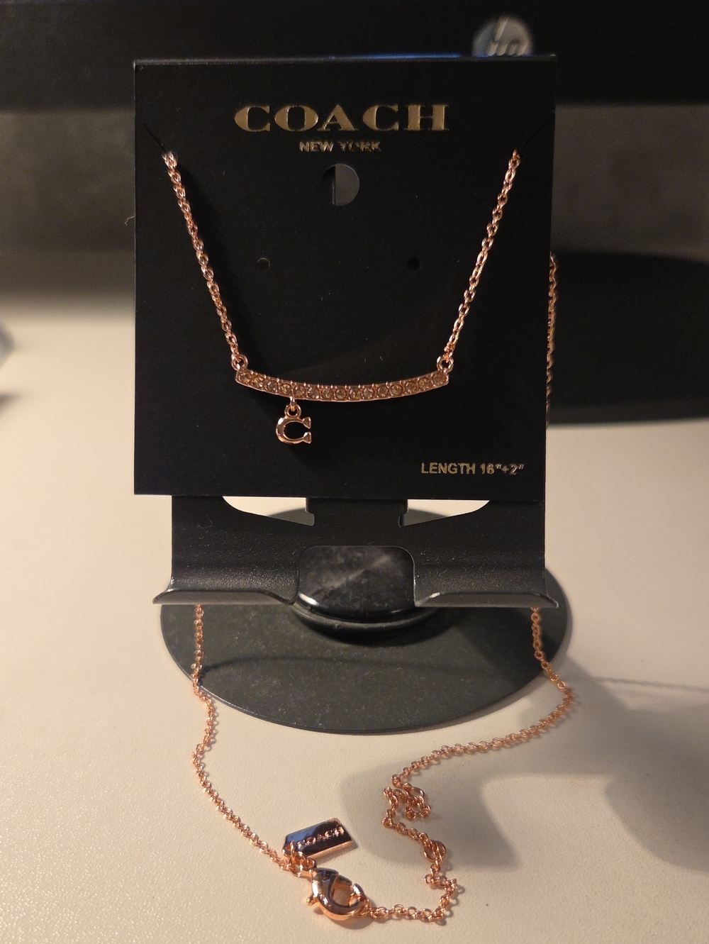 Coach Rose Gold Pavé Bar Necklace with C Charm